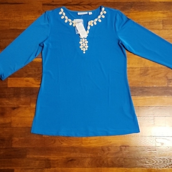 NWT Gorgeous Susan Graver Embellished V-Neck 3/4 Sleeve Blouse - Picture 1 of 4